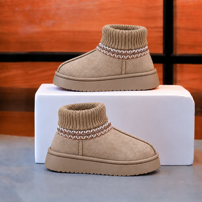 Girls’ Stylish Ankle Boots with Ribbed Knit Cuffs, Decorative Stitching and Chunky Soles