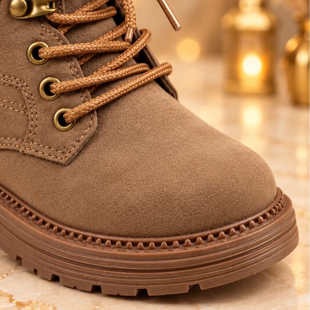 Bottines pour enfant à lacets sur le devant, fermeture éclair latérale, col rembourré et semelle épaisse – Élégantes bottines effet daim en noir, camel et kaki pour les tenues d’automne et d’hiver