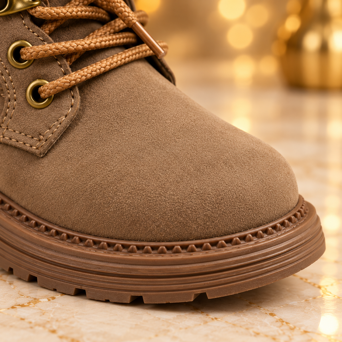 Bottines pour enfant à lacets sur le devant, fermeture éclair latérale, col rembourré et semelle épaisse – Élégantes bottines effet daim en noir, camel et kaki pour les tenues d’automne et d’hiver