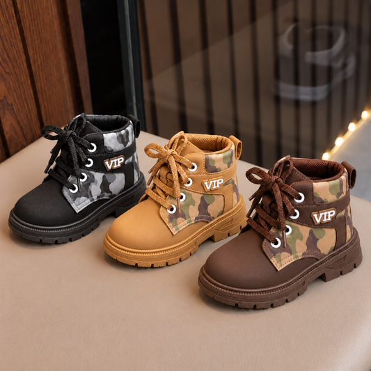 Kids’ Camouflage Lace-Up Ankle Boots with VIP Detail, Rounded Toe and Chunky Treaded Sole – Adventure-Inspired Style in Black, Brown and Camel