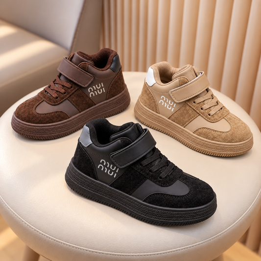 Baskets montantes stylées pour enfant avec empiècements effet daim, bride réglable, détail à lacets et semelle épaisse texturée en noir, beige et marron foncé