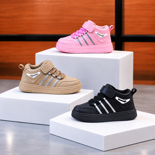 Baskets montantes sportives pour enfant avec bride de cheville réglable, col rembourré et élégants détails à rayures – Chaussures de tous les jours en noir, rose et beige