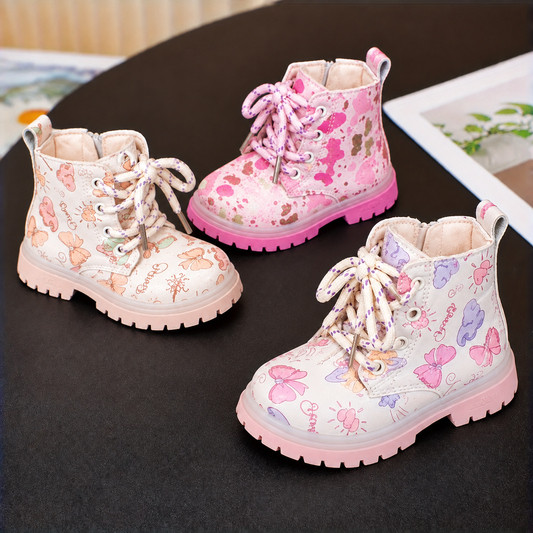 Girls’ Charming Butterfly & Heart Print Lace-Up Ankle Boots
