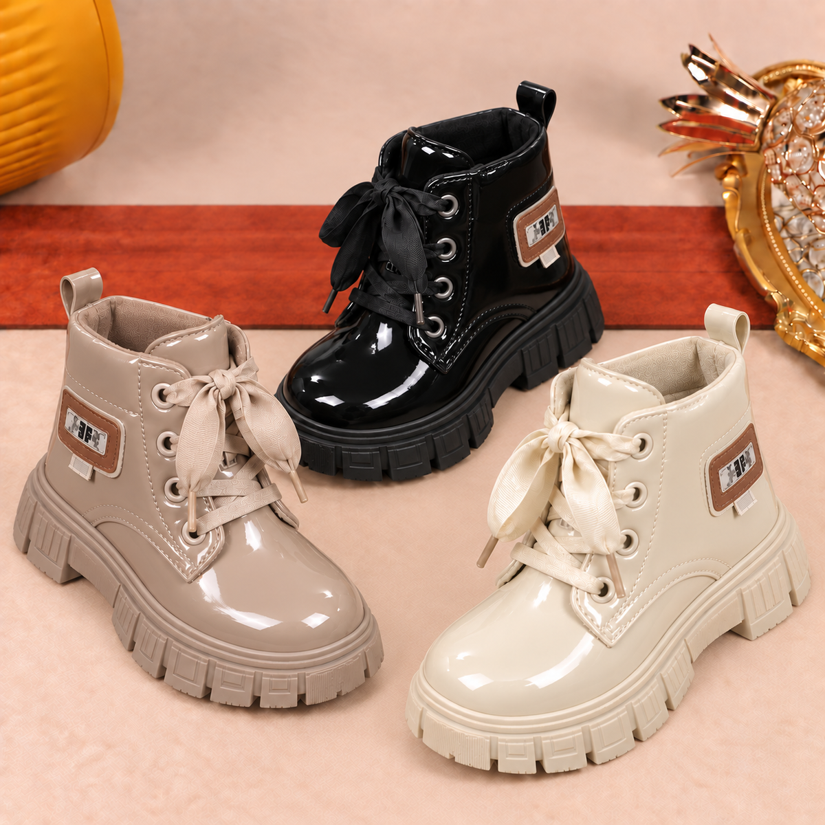 Kids’ Glossy Lace-Up Ankle Boots with Chunky Treaded Soles – Stylish Everyday Footwear in Black, Beige and Cream