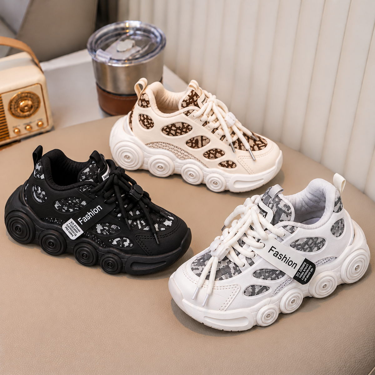 Kids’ Trendy Chunky Sneakers with Patterned Panels, Adjustable Lace-Up Fastening and Bold Circular Sole Details – Stylish Everyday Shoes for Boys and Girls