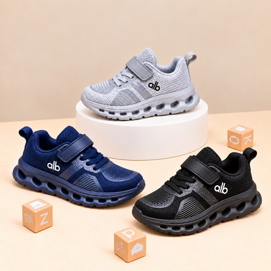 Kids’ Sporty Mesh Sneakers with Sculpted Cutout Soles, Classic Panel Details and Everyday Casual Style in Black, Grey and Navy Blue
