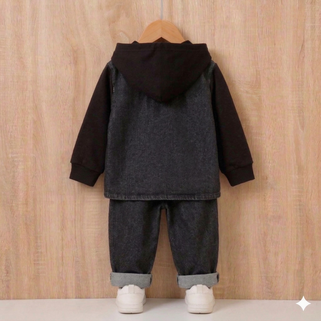 Cute Boys' Denim Hoodie Set - Comfortable and Practical 2-Piece Set