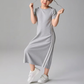 Girls’ Light Grey Side-Stripe Midi Dress with Short Sleeves