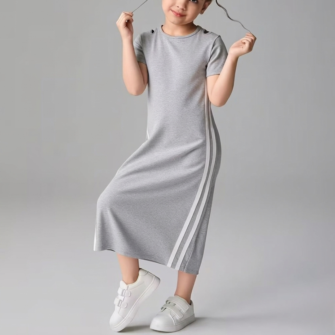 Girls’ Light Grey Side-Stripe Midi Dress with Short Sleeves