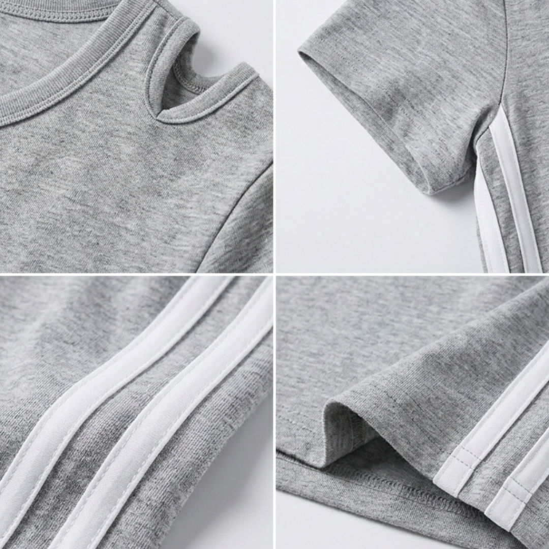 Girls’ Light Grey Side-Stripe Midi Dress with Short Sleeves