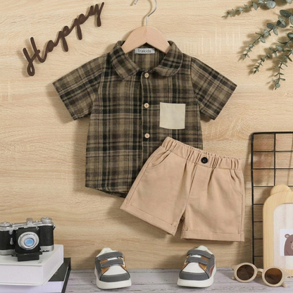 Boys 2-Piece Summer Outfit – Plaid Shirt & Beige Shorts Set