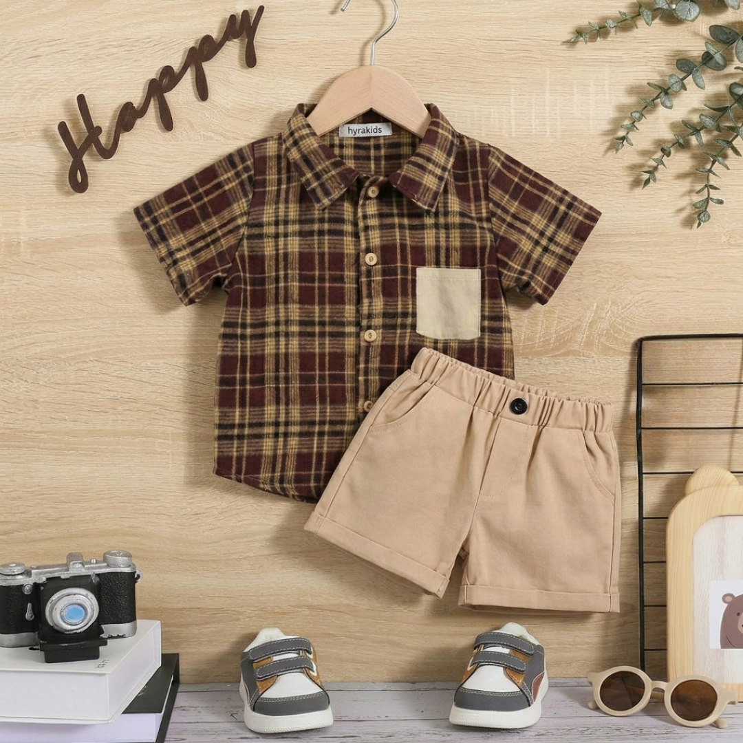 Boys 2-Piece Summer Outfit – Plaid Shirt & Beige Shorts Set