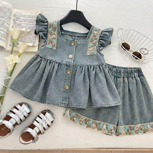 🌸 Elegant Denim Floral Set for Girls – Soft Summer Style