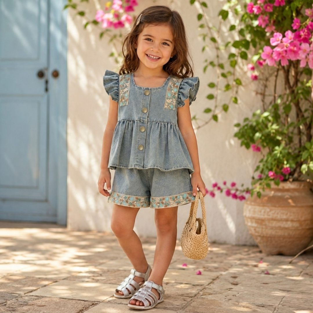 🌸 Elegant Denim Floral Set for Girls – Soft Summer Style