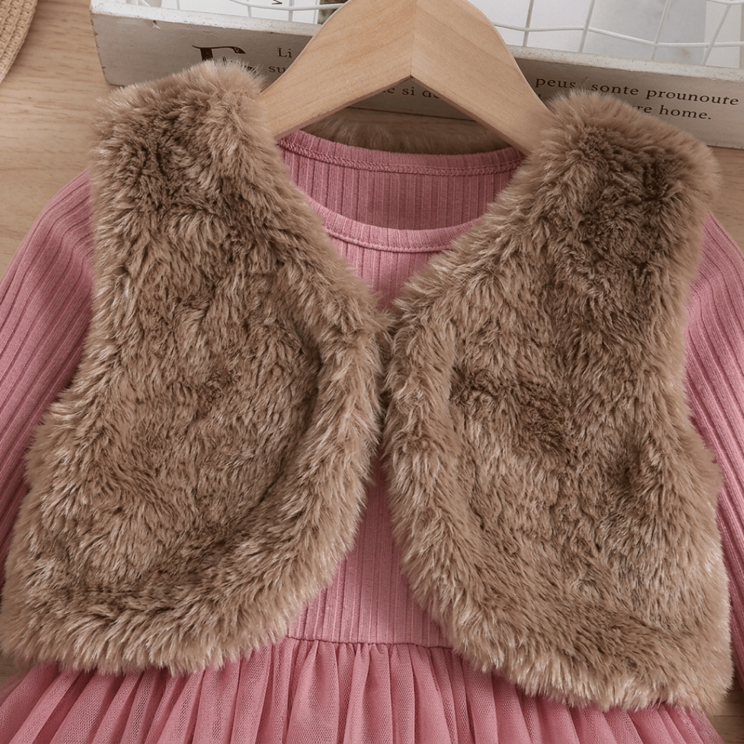 🌸 Ensemble robe en tulle Princesse élégante pour filles avec gilet en fausse fourrure