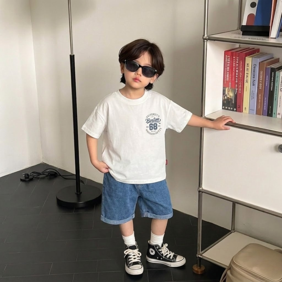 Boys Boston Varsity Graphic T-Shirt & Denim Shorts Set – Casual Summer Outfit