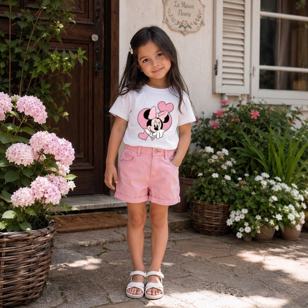 Ensemble d'été Minnie Mouse pour filles – T-shirt graphique et short en jean rose