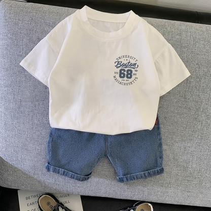 Boys Boston Varsity Graphic T-Shirt & Denim Shorts Set – Casual Summer Outfit