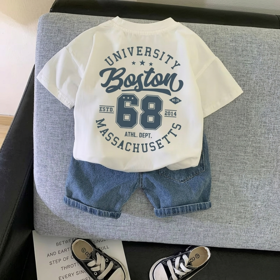 Boys Boston Varsity Graphic T-Shirt & Denim Shorts Set – Casual Summer Outfit