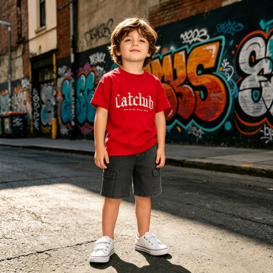 Urban Street Style Boys Set – Red T-Shirt & Cargo Shorts