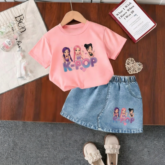 K-Pop Girls Summer Set – Pink T-Shirt & Denim Skirt