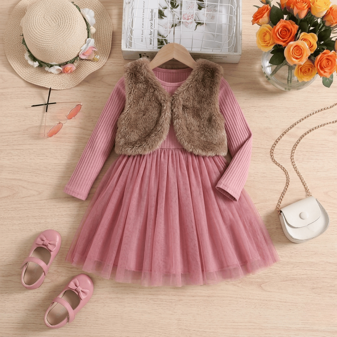 🌸 Ensemble robe en tulle Princesse élégante pour filles avec gilet en fausse fourrure