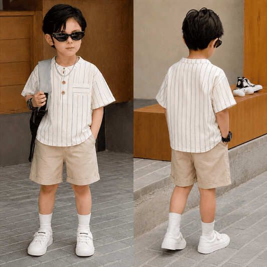 Ensemble de tenue d'été 2026 pour enfants, chemise rayée en coton, short et robe, vêtements doux et respirants pour garçons et filles