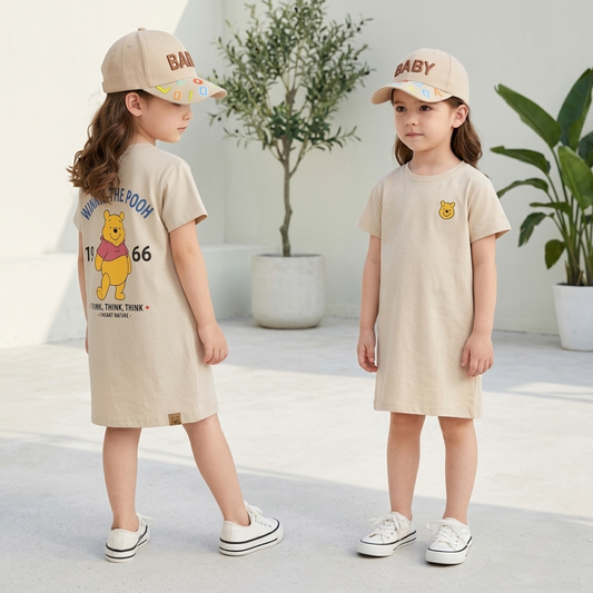 Pure Cotton Girls long shirt– Cartoon Summer home and out Dress with a matching hat