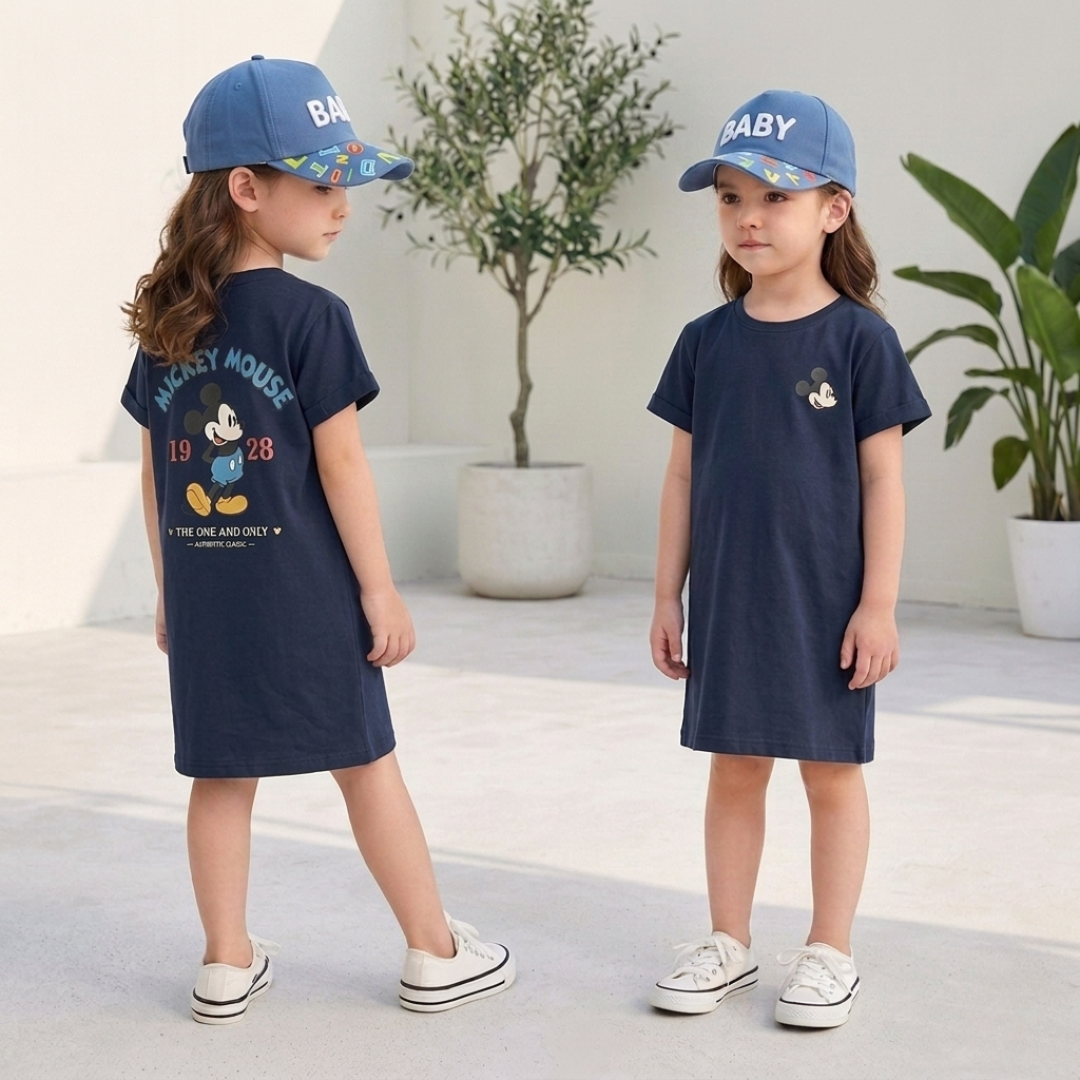 Chemise longue en pur coton pour filles – Robe d'été décontractée avec motif de dessin animé et chapeau assorti