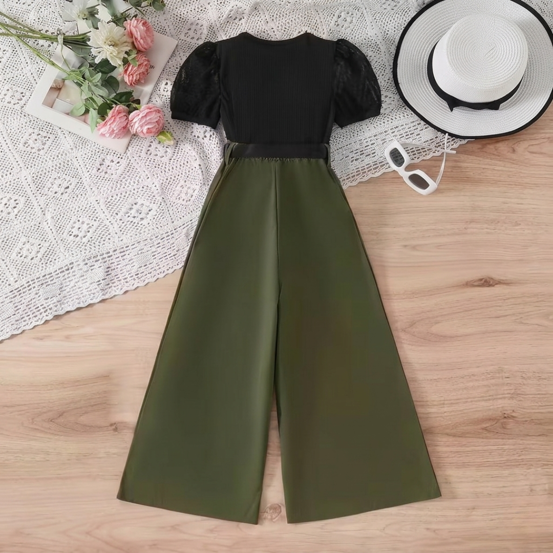 Combinaison élégante bicolore pour fille avec manches bouffantes et ceinture à nœud – Noir et Vert Olive