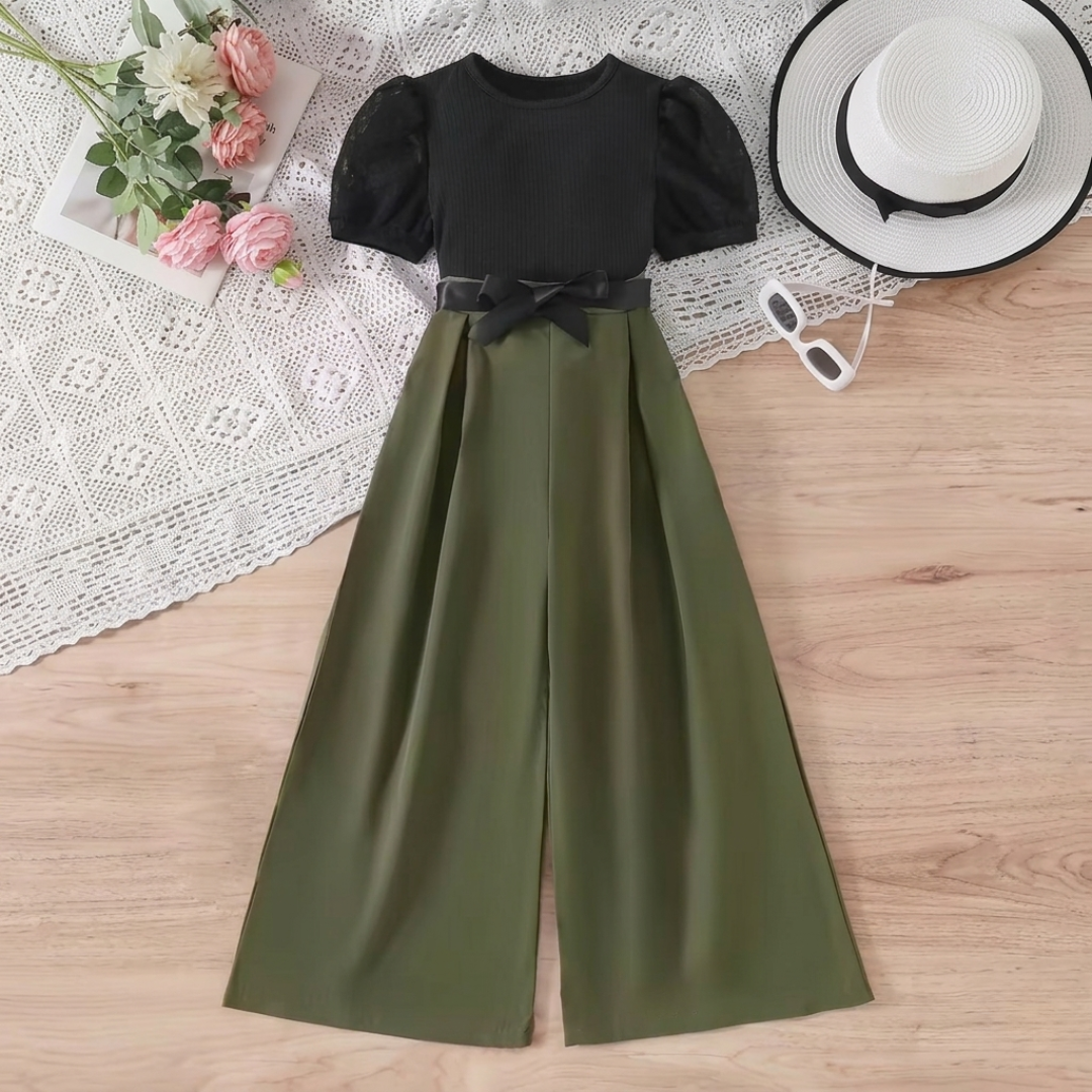 Combinaison élégante bicolore pour fille avec manches bouffantes et ceinture à nœud – Noir et Vert Olive