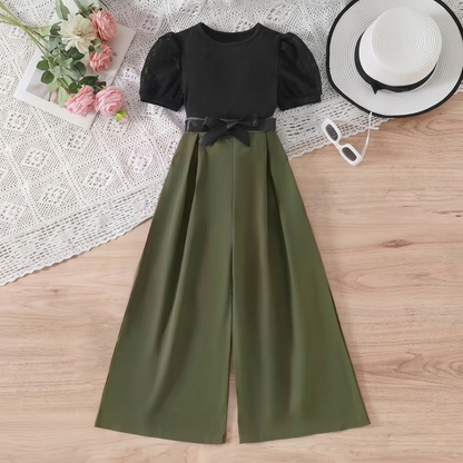 Combinaison élégante bicolore pour fille avec manches bouffantes et ceinture à nœud – Noir et Vert Olive