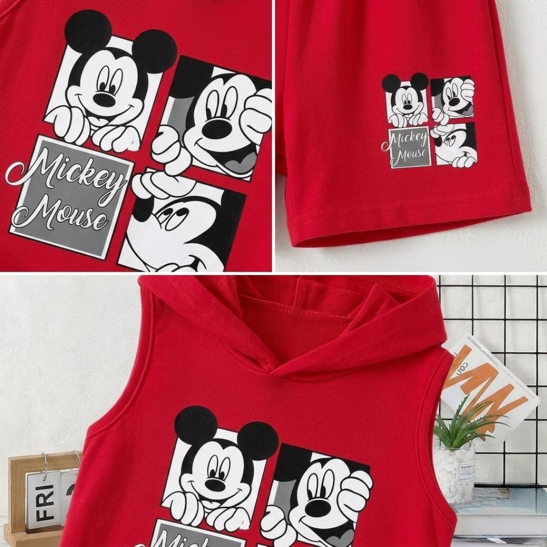 Ensemble short et t-shirt à capuche sans manches Disney Mickey Mouse pour garçon – Rouge
