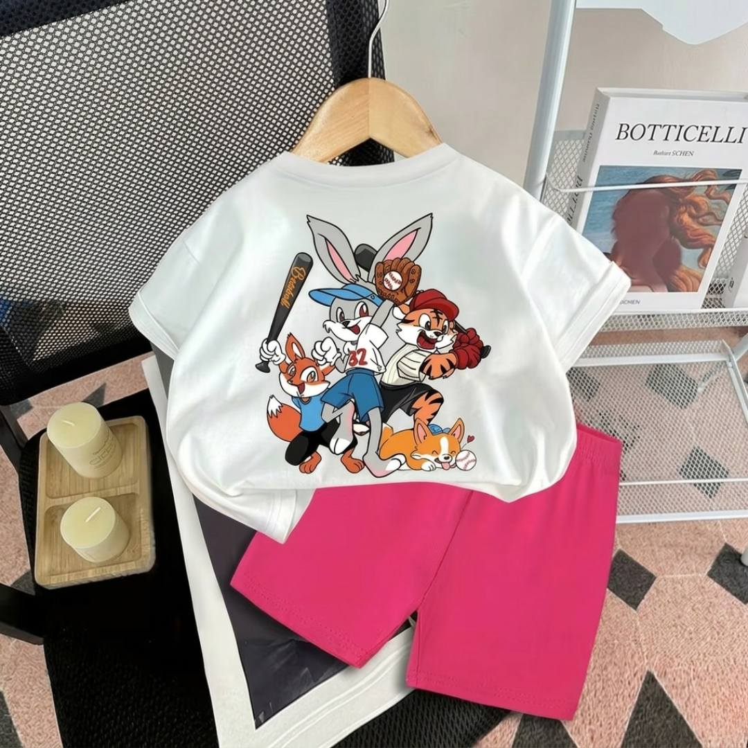 Kids Cartoon Baseball Team Summer Set – White Graphic T-Shirt & Bright Shorts (2-Piece Outfit)