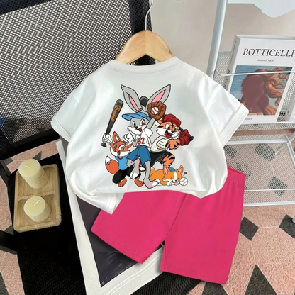 Kids Cartoon Baseball Team Summer Set – White Graphic T-Shirt & Bright Shorts (2-Piece Outfit)