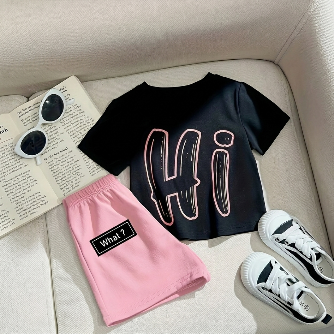 Kids Trendy Summer Set – “Hi” Graphic T-Shirt & Shorts
