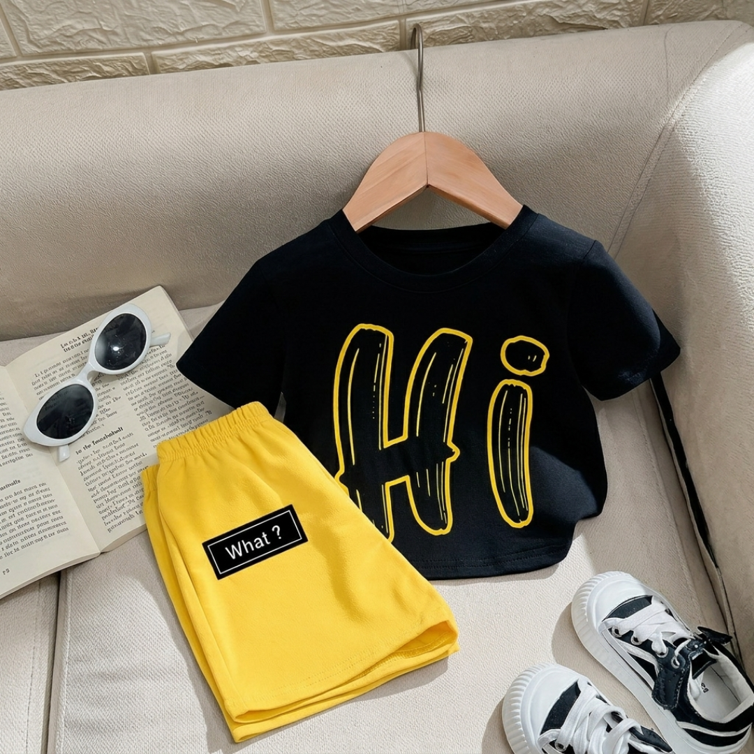 Kids Trendy Summer Set – “Hi” Graphic T-Shirt & Shorts