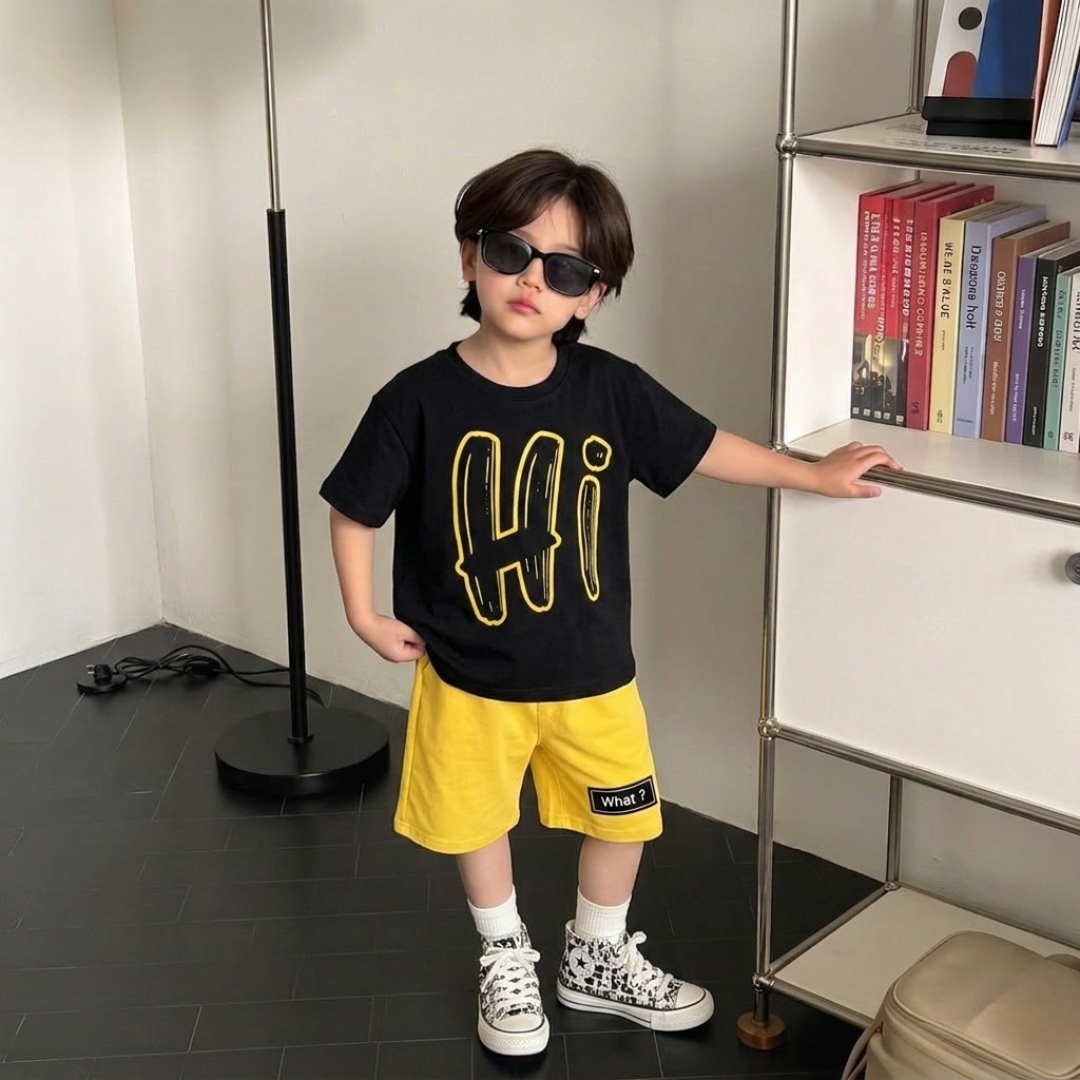 Kids Trendy Summer Set – “Hi” Graphic T-Shirt & Shorts