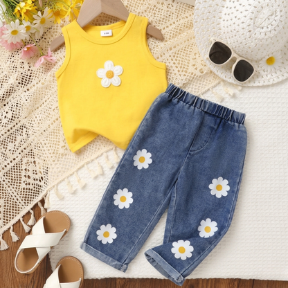 Sunny Daisy Girls Set – Sleeveless Top & Floral Denim Pants