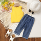 Sunny Daisy Girls Set – Sleeveless Top & Floral Denim Pants