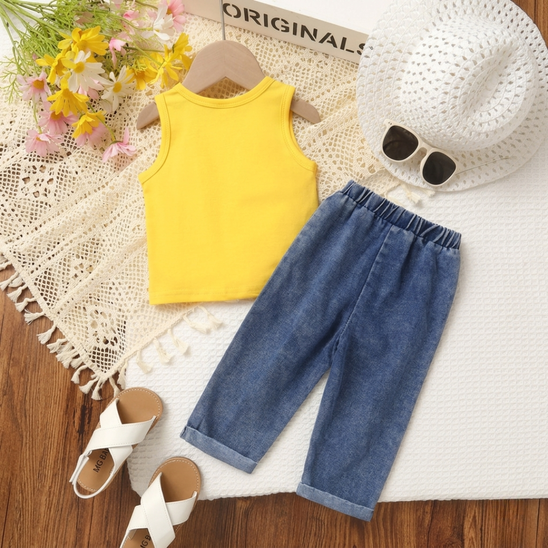 Sunny Daisy Girls Set – Sleeveless Top & Floral Denim Pants