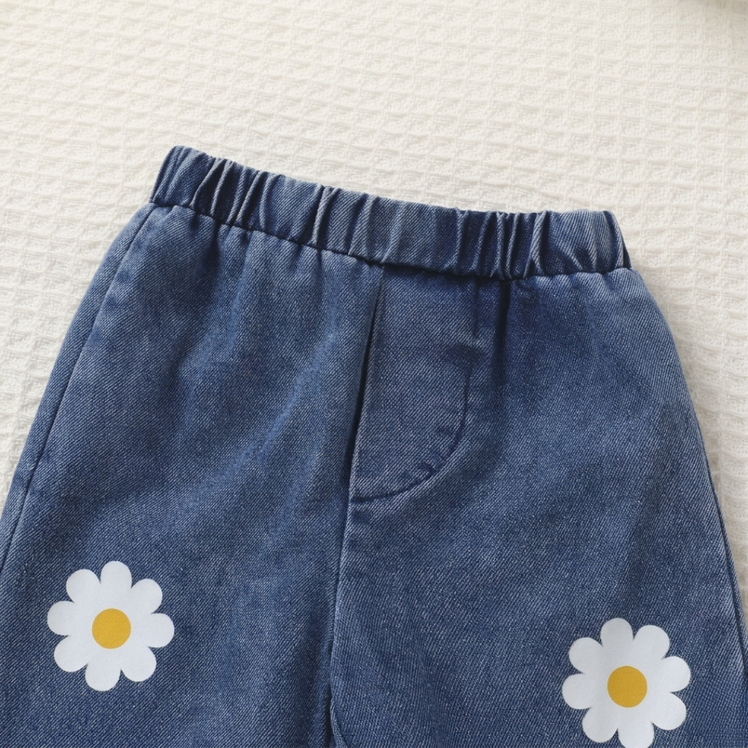 Sunny Daisy Girls Set – Sleeveless Top & Floral Denim Pants