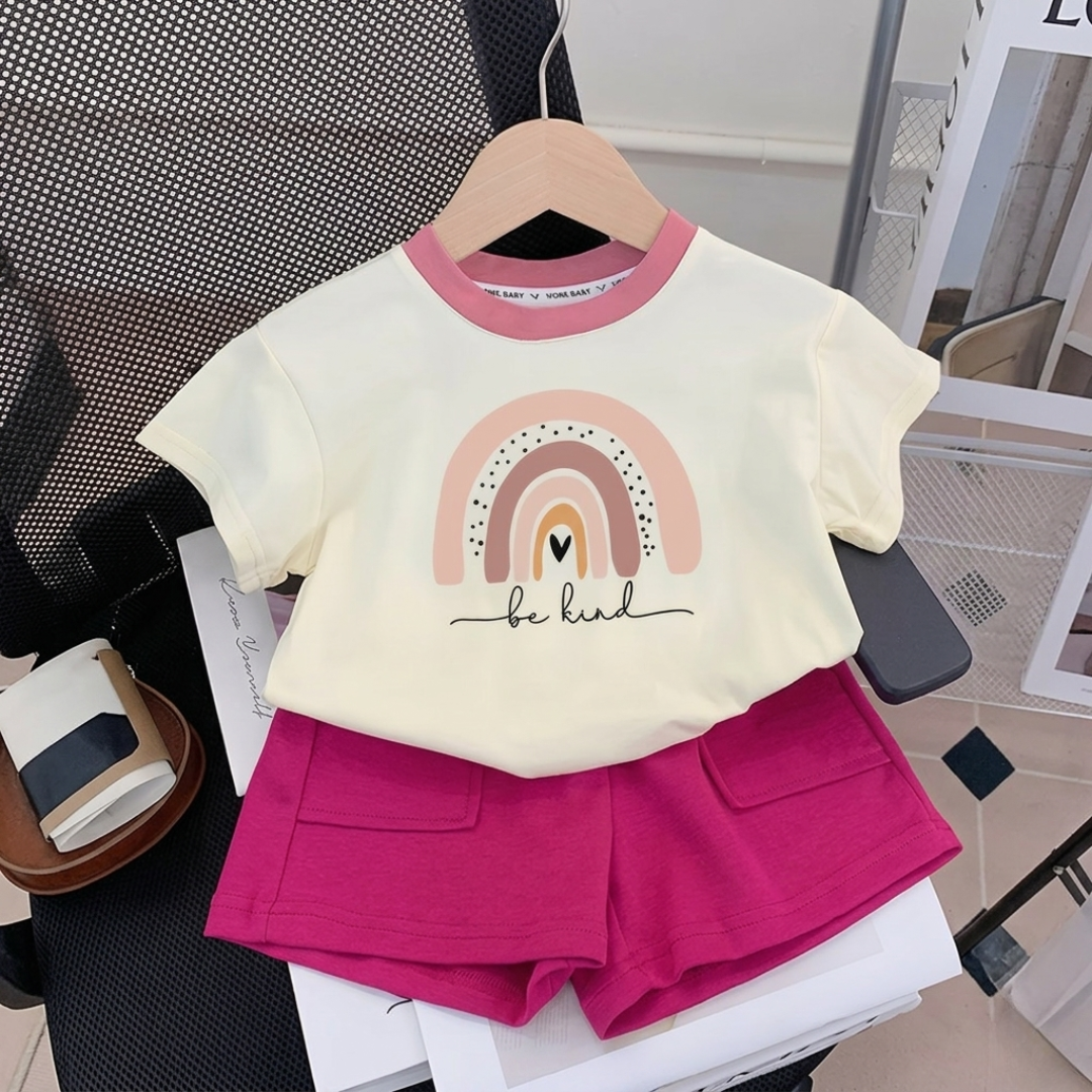 Unisex “Be Kind” Rainbow Summer Shorts Set – Kids Matching Tee & Pocket Shorts Outfit