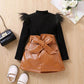 2PCS Little Fashionista's Set: Long Sleeve Fluffy Ribbed Top + PU Leather Skirt with Belt - IRRAKIDS