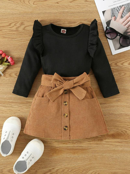 2 pcs Toddler Kids Baby Girl Ruffle Long Sleeve Sweatshirt Top Mini Pleated Skirt Set