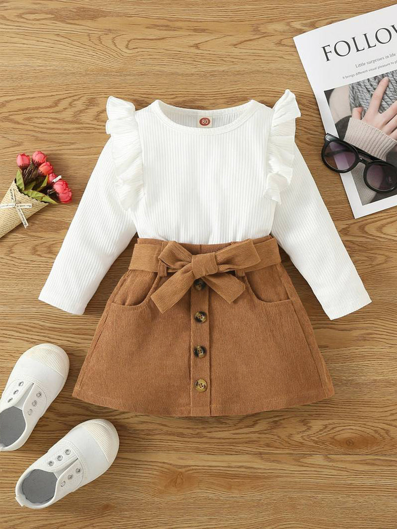 2 pcs Toddler Kids Baby Girl Ruffle Long Sleeve Sweatshirt Top Mini Pleated Skirt Set