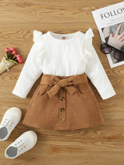 2 pcs Toddler Kids Baby Girl Ruffle Long Sleeve Sweatshirt Top Mini Pleated Skirt Set - IRRAKIDS