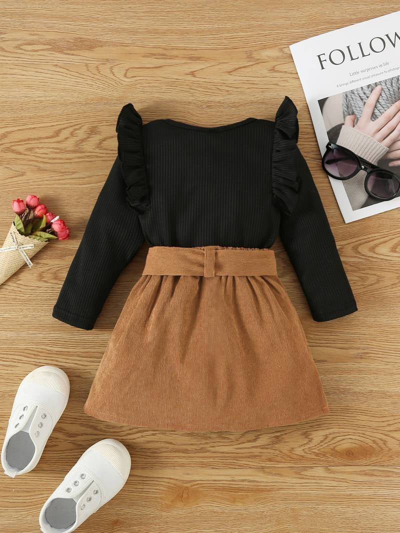 2 pcs Toddler Kids Baby Girl Ruffle Long Sleeve Sweatshirt Top Mini Pleated Skirt Set