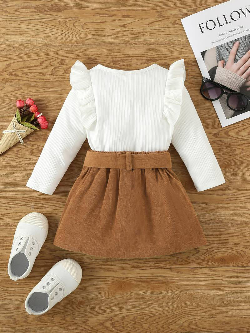 2 pcs Toddler Kids Baby Girl Ruffle Long Sleeve Sweatshirt Top Mini Pleated Skirt Set