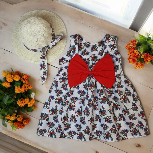 Robe bouffante à imprimé fleuri pour bébé fille, adorable et douce, avec nœud et chapeau - Tenue de plage et de vacances pour tout-petits